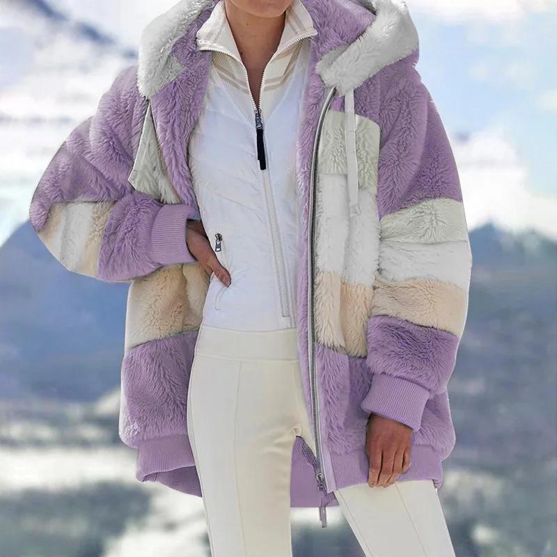 Manteau en peluche pour femme, veste à capuche avec fermeture éclair, décontractée, surdimensionnée,