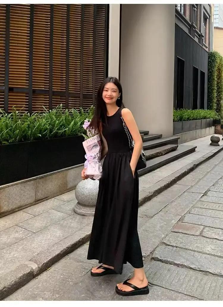 Robe mi-longue noire vintage pour femmes, style de vacances, col rond, poches décontractées, vêtemen