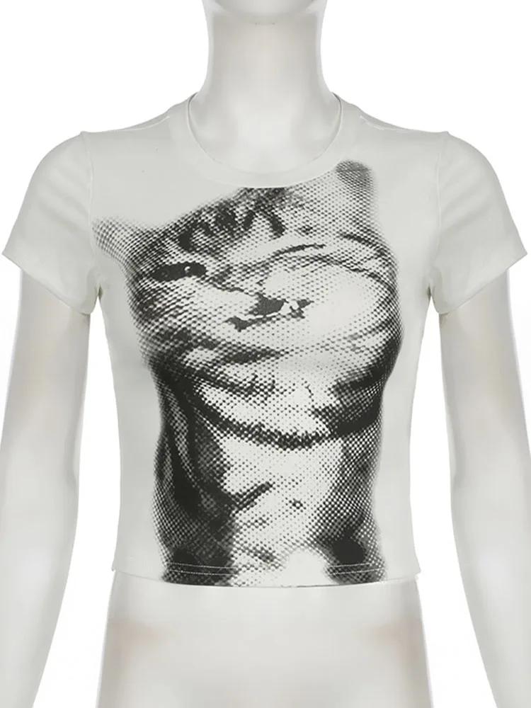 Harajuku Animal imprimé haut court basique blanc à manches courtes col rond T-shirt femmes décontrac