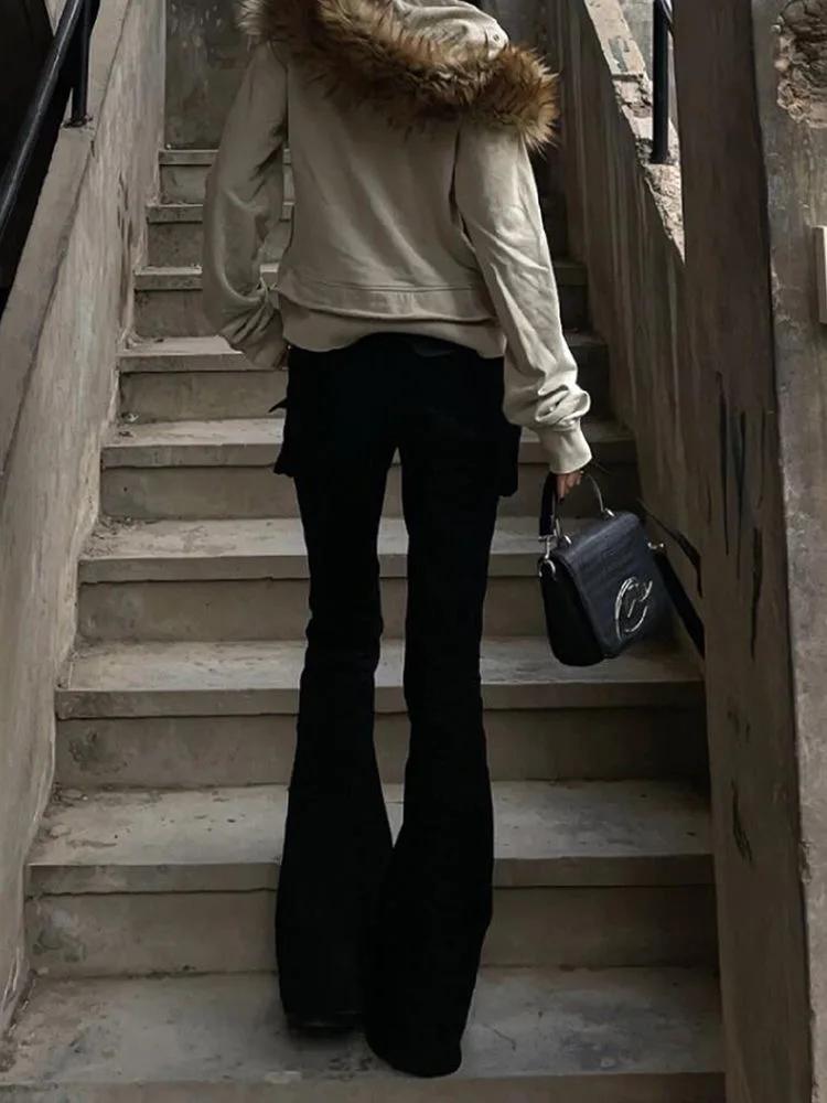 Pantalon Long évasé pour femmes, académique foncé, Goblin Core, Gyaru Goth, taille basse, Streetwear