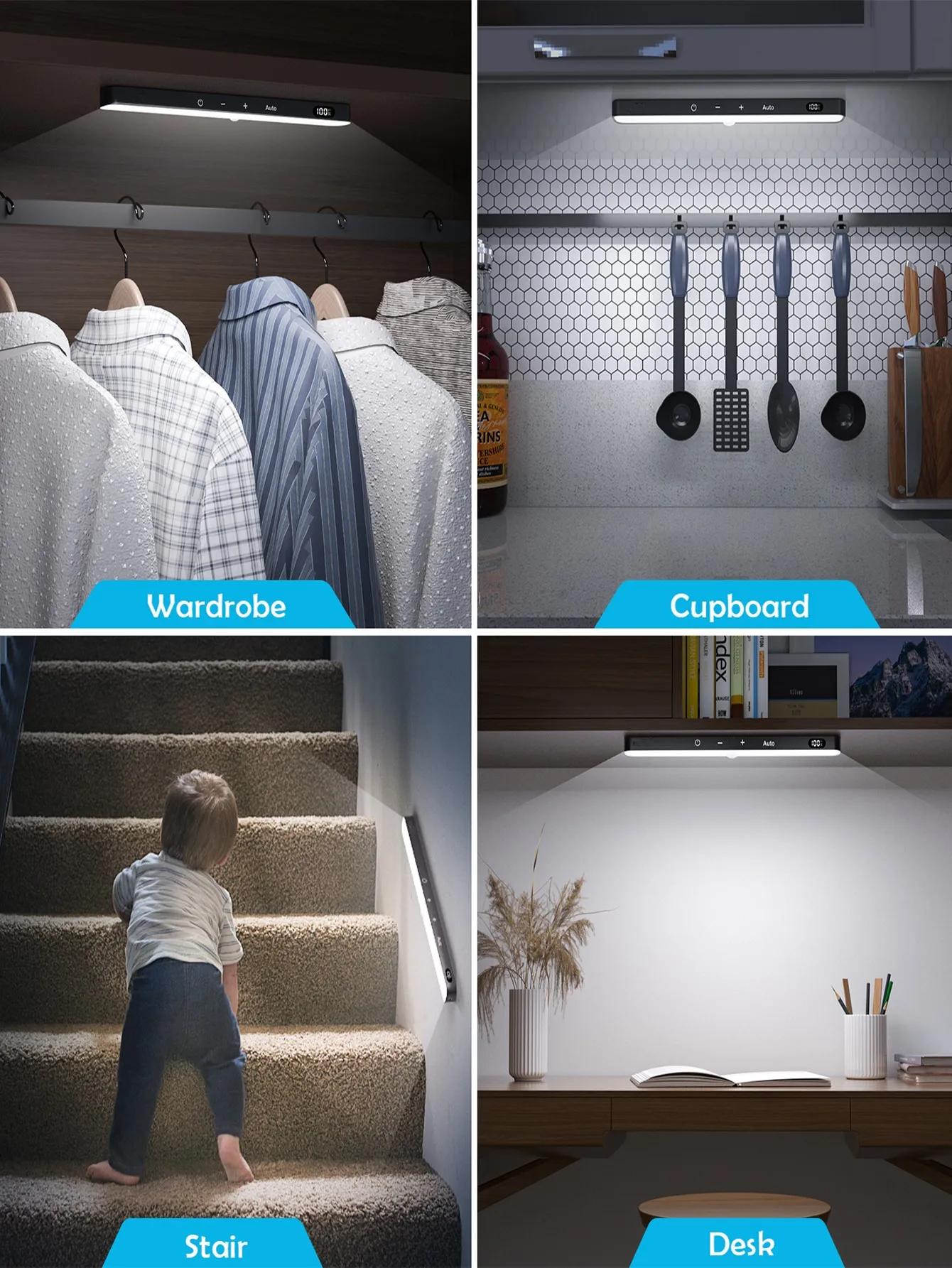 Lumières d'armoire WILLED, affichage de batterie Rechargeable, 60 LED, capteur de mouvement, lumière