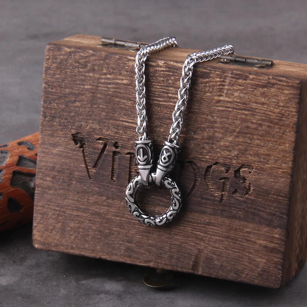 Collier pendentif rune viking nordique avec fermoir rond ouvert, chaîne en acier inoxydable avec boî