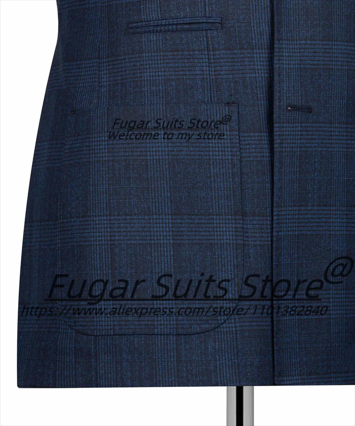 Costumes d'affaires à carreaux bleu marine pour hommes, personnalisés, coupe cintrée, Double boutonn