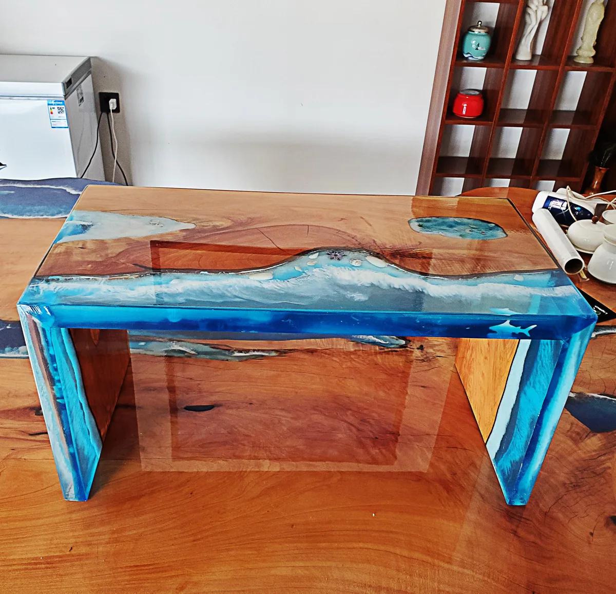 Table en résine époxy, grande planche en bois massif, fabricant de thé, thé, carré, café, rivière