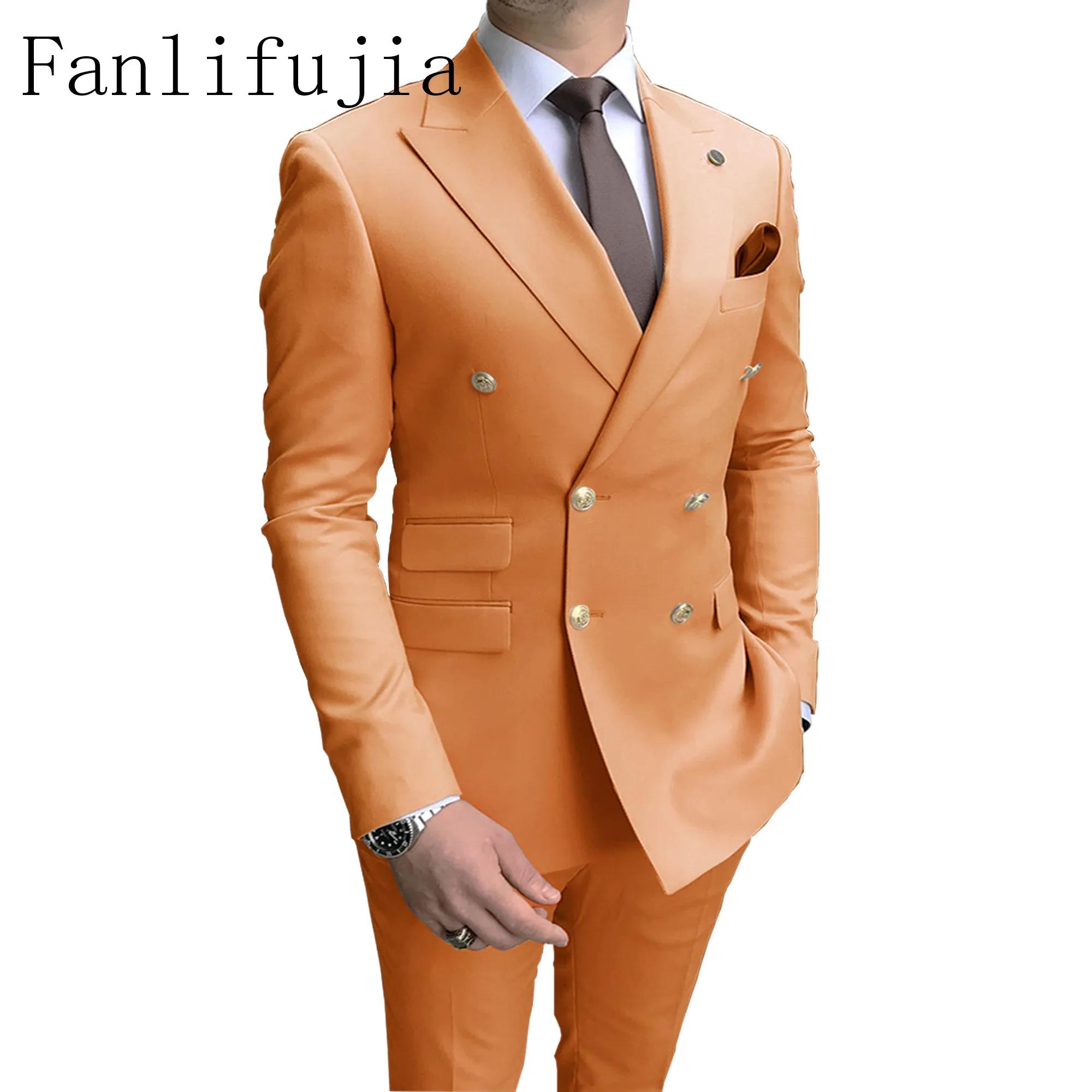 Fanlifujia – Costume deux pièces rose à Double boutonnage pour hommes, coupe cintrée, Costume de mar