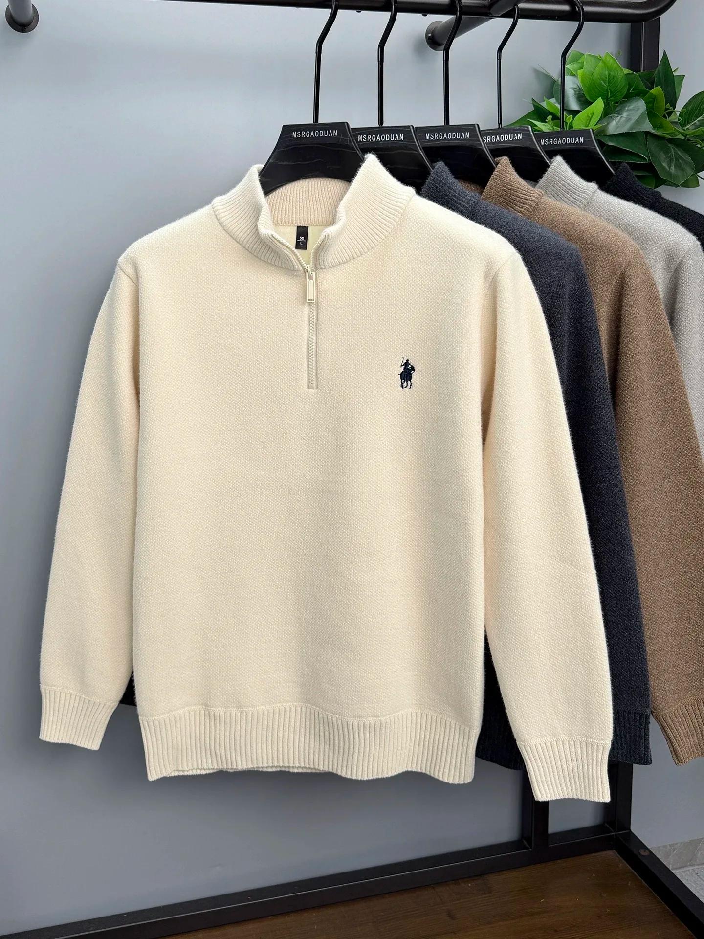 Marque de luxe zip demi col roulé pull hommes haut de gamme mode poney Golf broderie hiver velours é