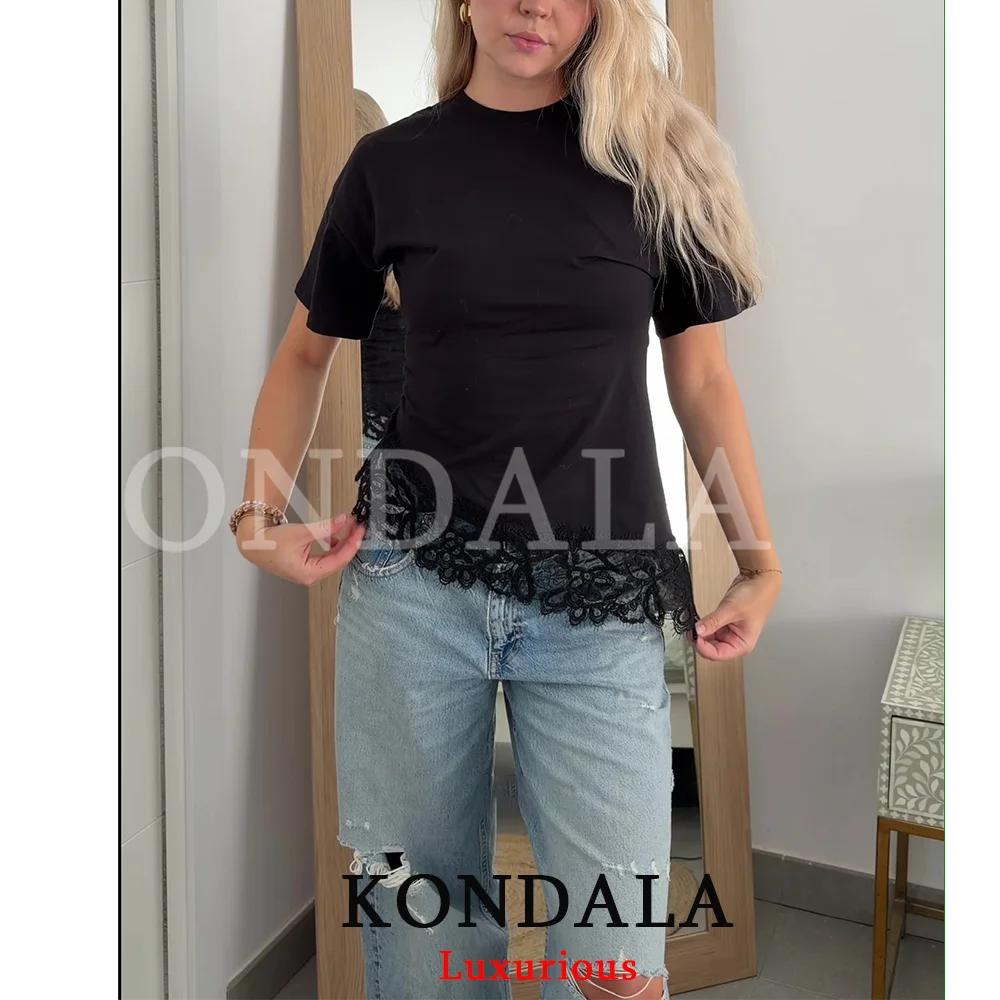 KONDALA Streetwear Chic Décontracté Femme Haut en Dentelle Asymétrique à Manches Courtes Col Rond Te