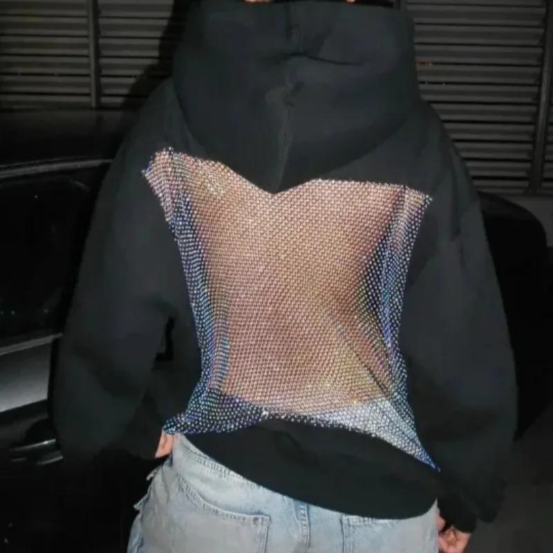 Sweat à capuche en maille creuse pour femmes, dos nu, manches longues, couleur unie, haut décontract