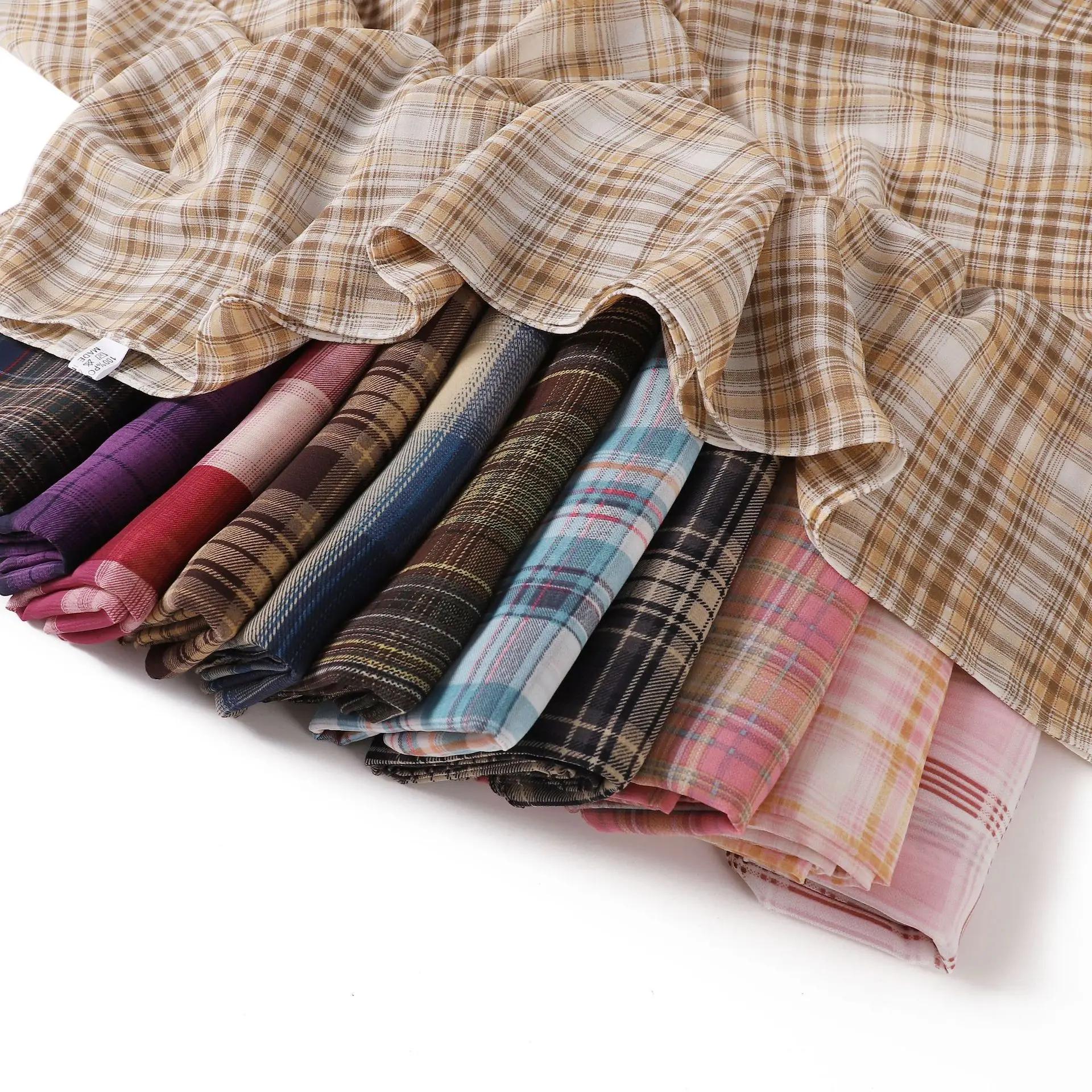 Écharpe longue en mousseline de soie imprimée à carreaux pour femmes musulmanes, hijabs du ramadan, 