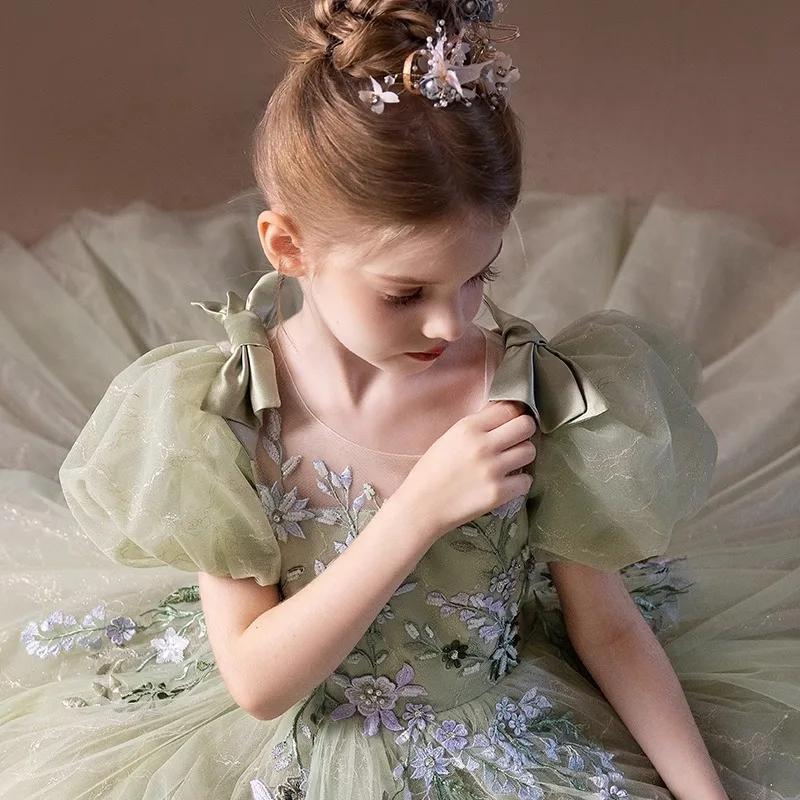 Robe formelle pour enfants2025Spring nouvelle robe pour filles Performance de piano vert forêt Style