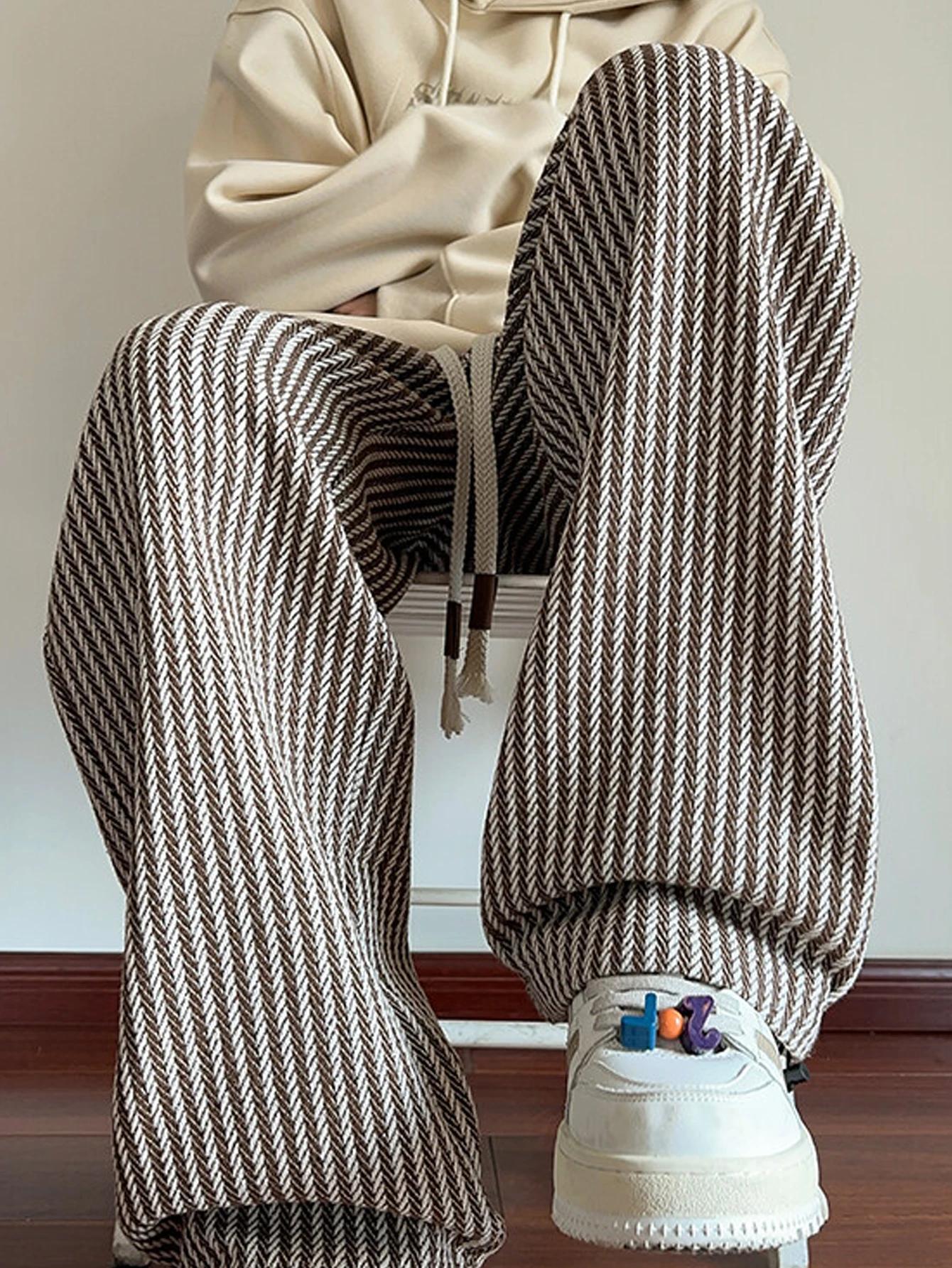 Pantalon rayé décontracté d'automne pour hommes, pantalon tissé avec ceinture élastique à cordon de 