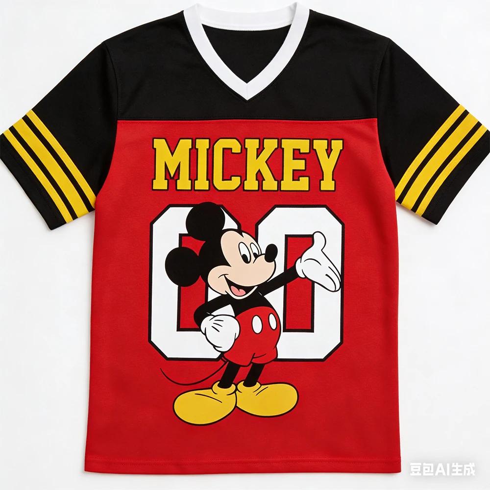 T-shirt de famille Disney pour hommes et femmes, vêtements de sport à col en v, amples, décontractés