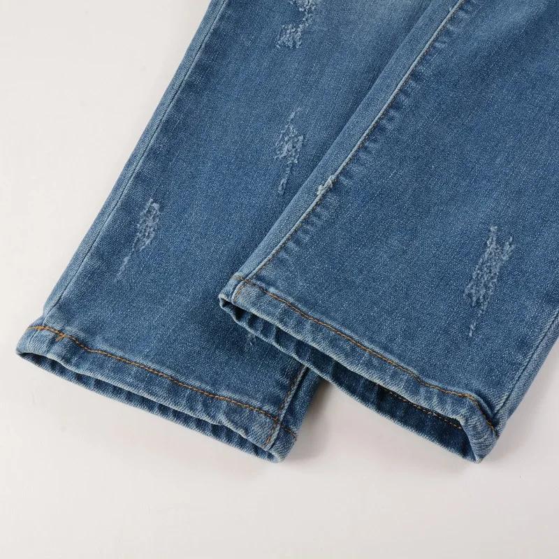 Jean de motard en Denim Stretch pour hommes, pantalon déchiré classique, bleu plissé, Patchwork, Str