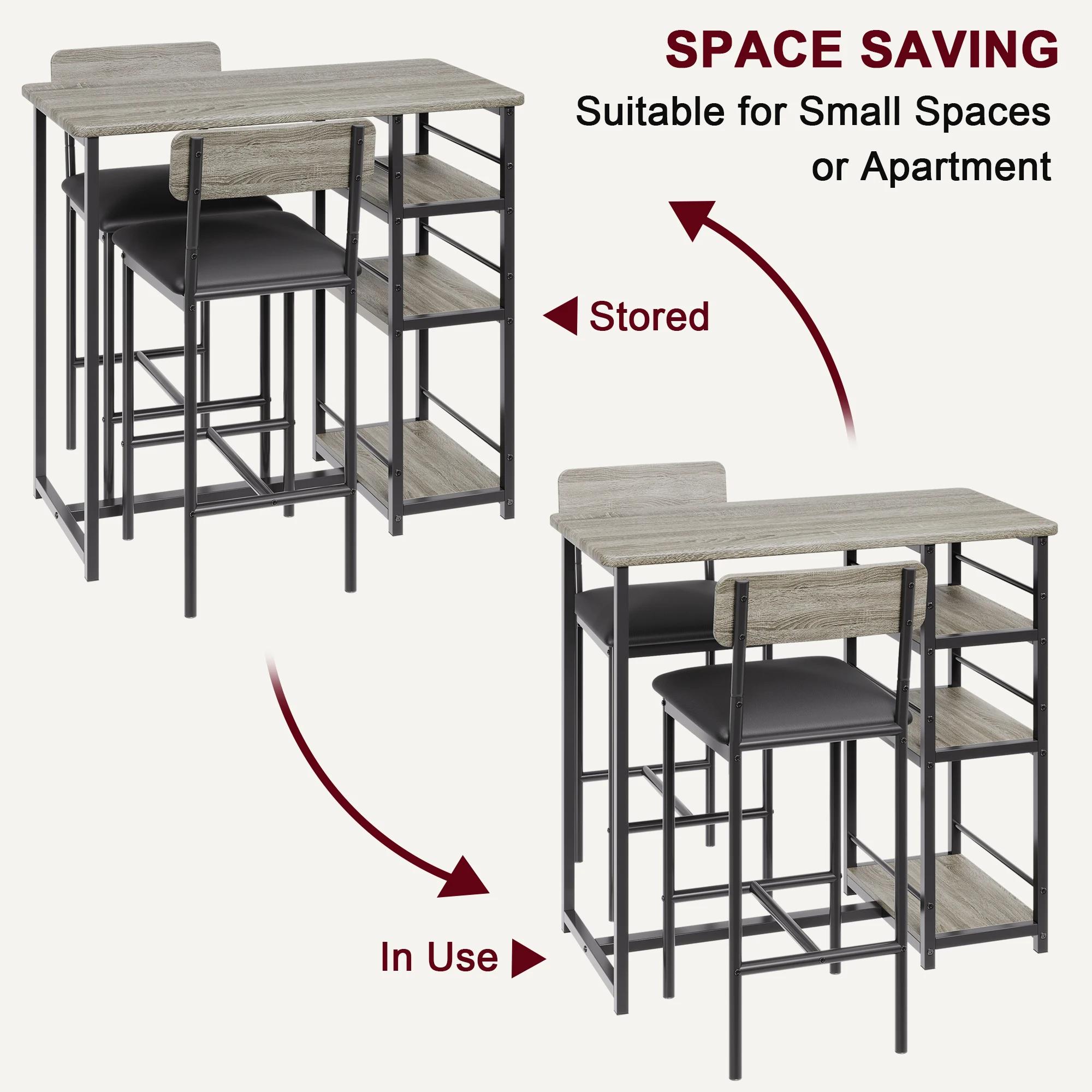 Ensemble de table à manger avec étagères à 3 niveaux, ensemble de table de cuisine de bar avec 2 cha