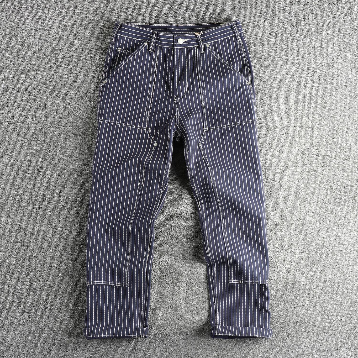 Salopette épaisse pour homme, pantalon droit rayé bleu teint, reproduction tendance, pantalon de cou