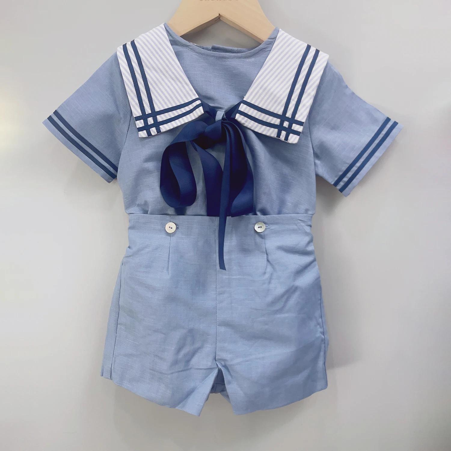 Costume de marin pour garçons et filles, uniforme court bleu marine, ensemble de cravates rayées, ro