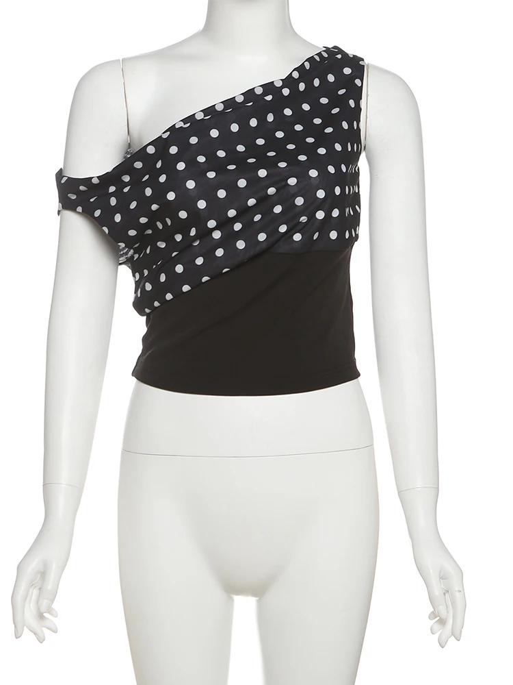 T-Shirts imprimés à pois pour femmes, tendance d'été, col incliné, épaules dénudées, dos nu, mode de