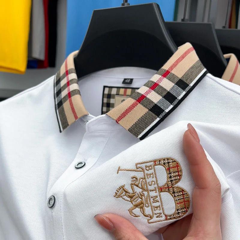 Marque de luxe à manches courtes hommes polo été haut de gamme mode plaid broderie revers t-shirt st