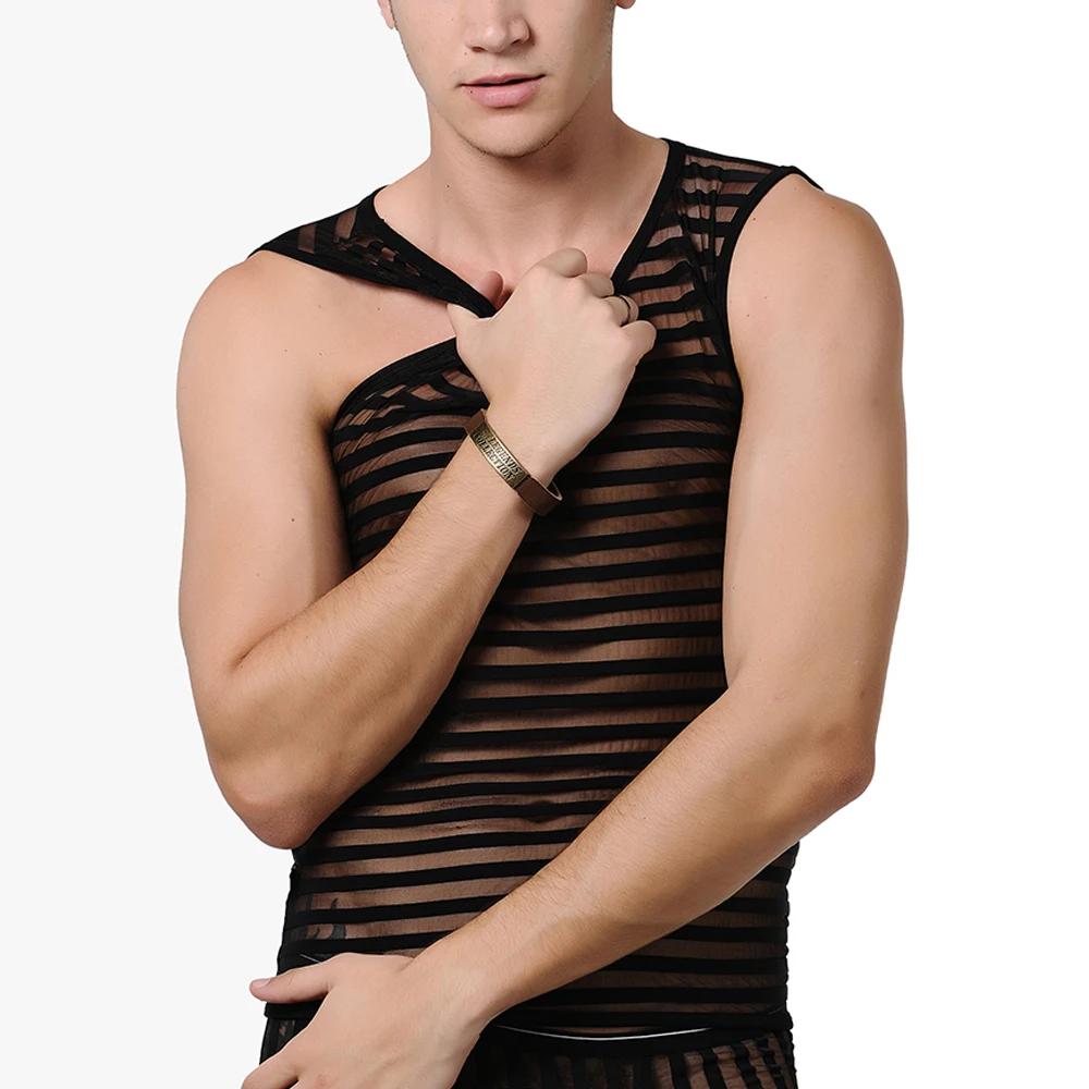 Débardeur Transparent rayé en maille pour hommes, noir, Sexy, à séchage rapide, mode décontractée, é