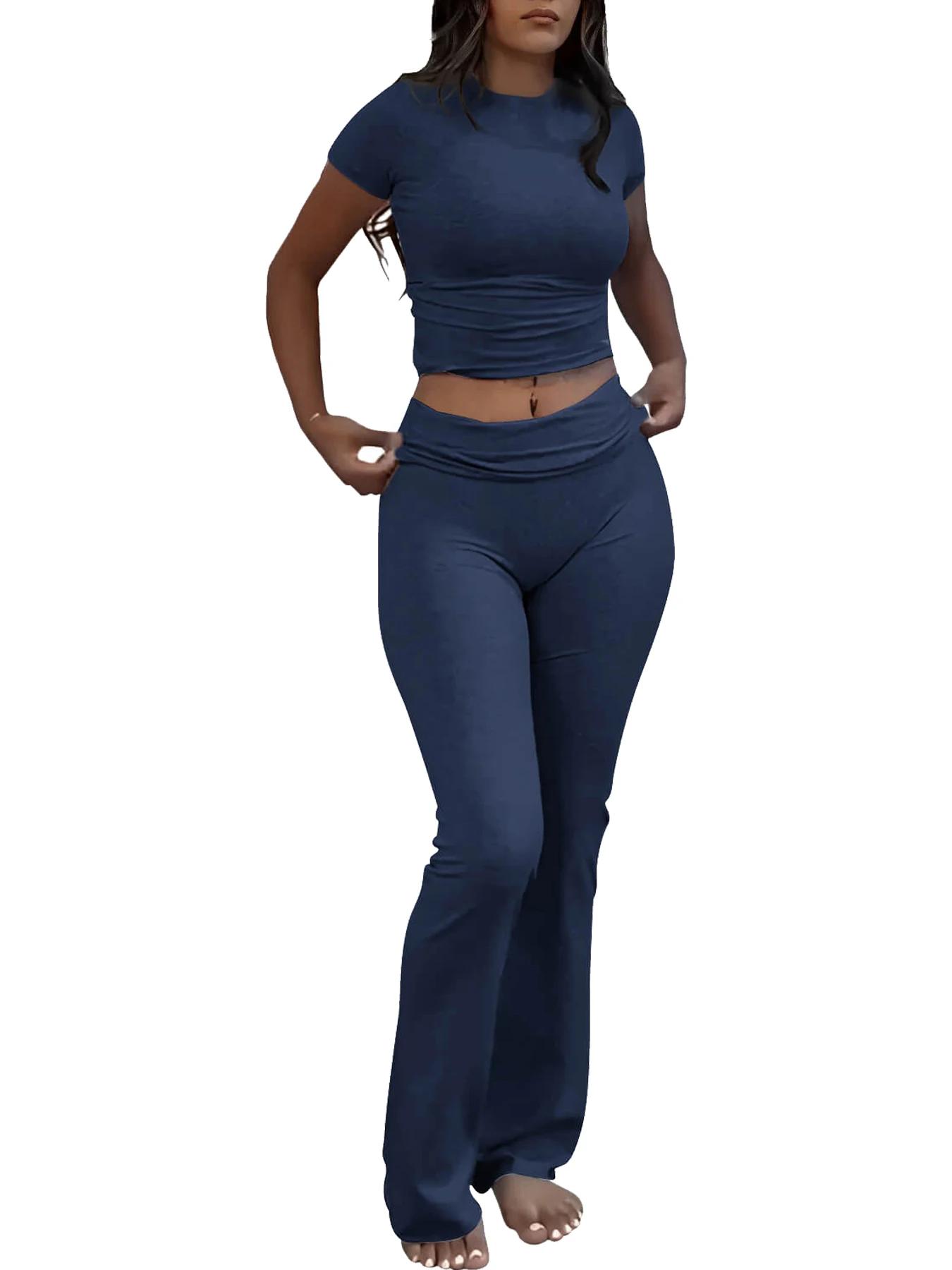 Tenue d'entraînement deux pièces décontractée pour femmes, manches courtes, taille haute, pantalon é