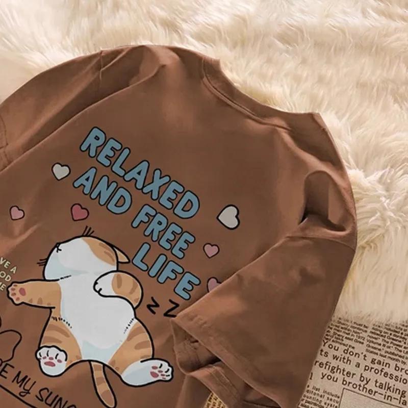 T-shirt à manches courtes pour Couple, ample et décontracté, avec lettres imprimées de chat paresseu
