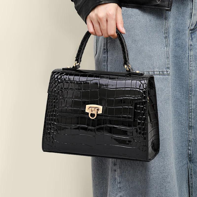 Sac à main en peau de crocodile laquée pour femme, couche supérieure, style peau de vache, haute qua