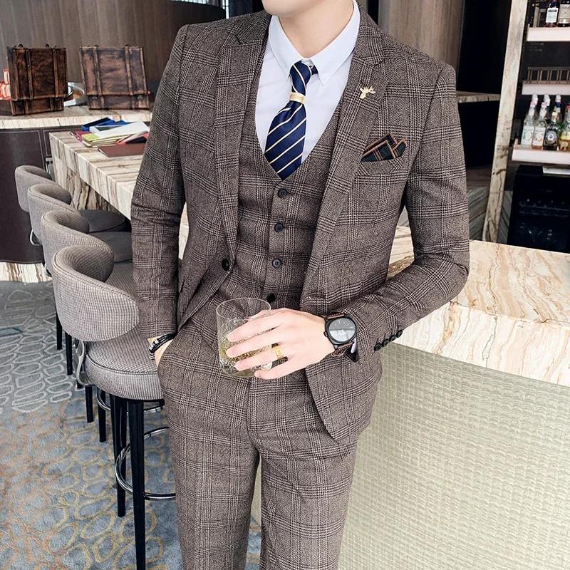 Ensemble de Banquet de Mariage à Carreaux pour Homme, Costume, Gilet, Pantalon, Grande Taille 5XL-M,