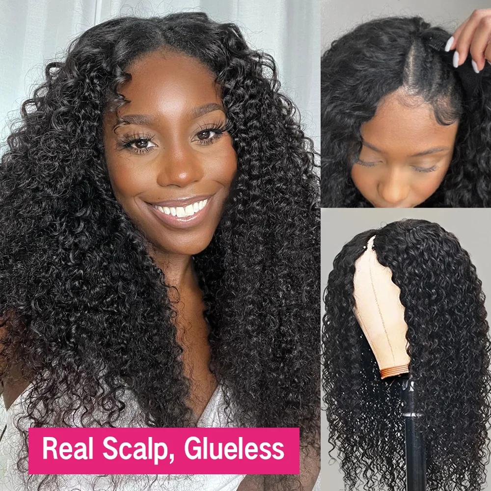 Perruque Brésilienne Bouclée en V pour Femme, Cheveux Humains Remy, Deep Wave, 250% Sans Colle, 30 3