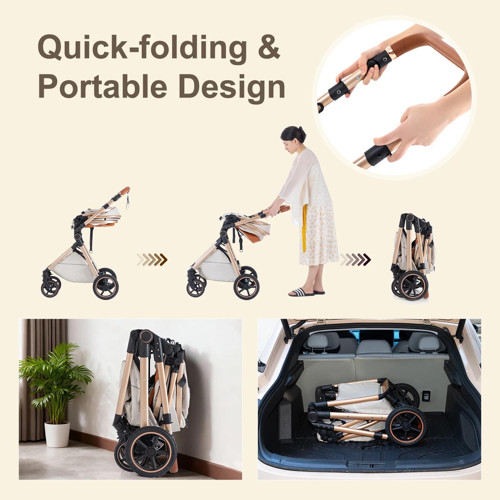 Poussette de luxe 3 en 1, portable, pliable, pour nouveau-né, avec poignée réglable, possibilité d'a