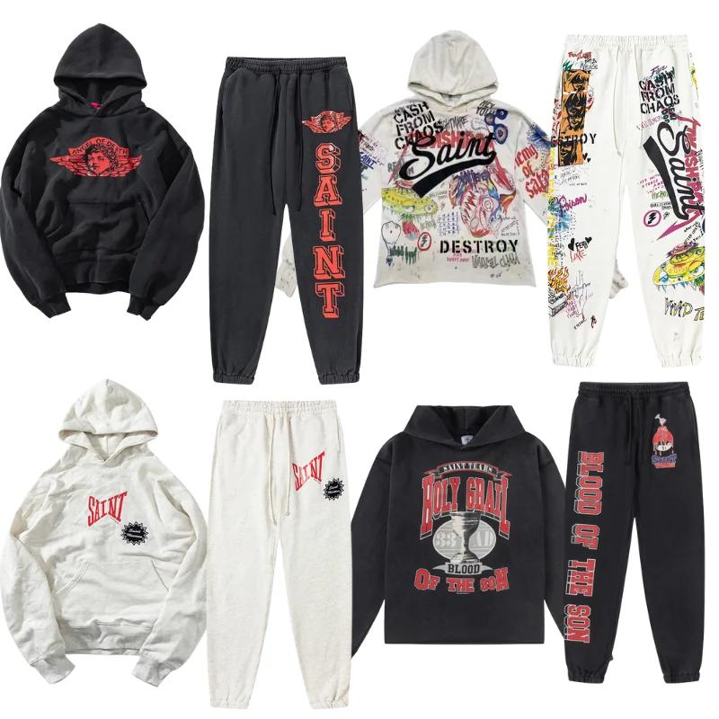 Saint sweats à capuche faire vieux motif d'ange lavé haute rue hommes femmes décontracté ample Hip-h