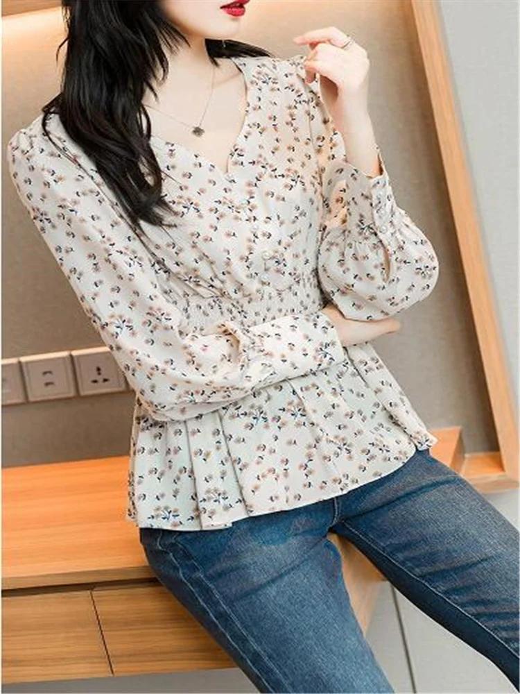 Chemise à col en V à boutons perlés pour femmes, chemise florale rétro, tunique, chemisiers à manche