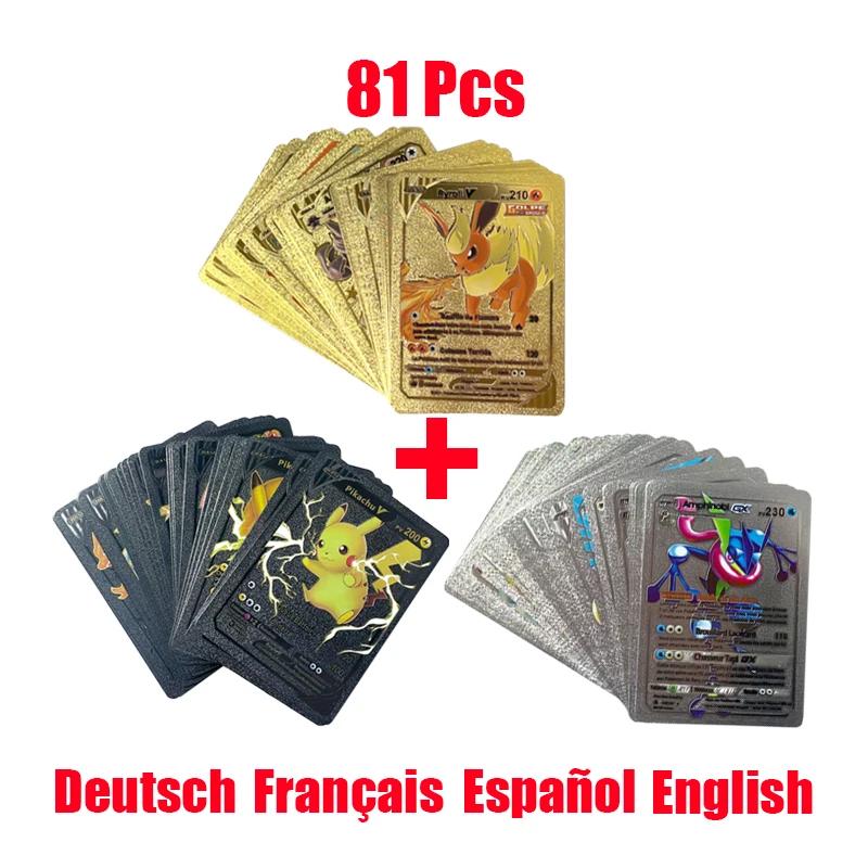 Cartes Pokemon or argent Vmax GX, Collection de cartes d'entraînement de combat, espagnol anglais fr