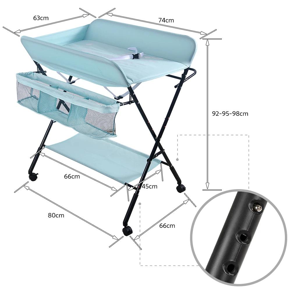 Table à Langer Pliable, Plan à Langer avec Panier Latéral et Roulettes Verrouillables, Meuble pour B