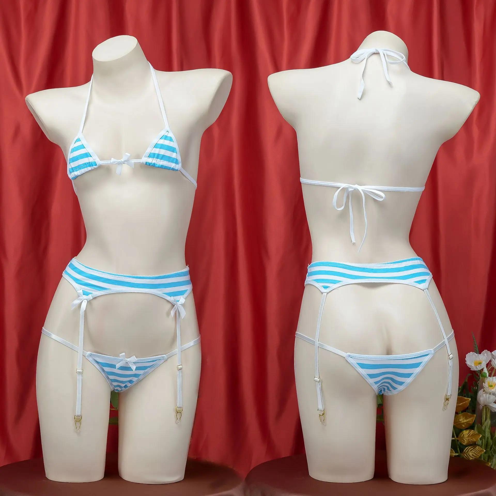 Soutien-gorge sexy Lolita pour femmes sous-vêtements Kawaii carnaval bleu rose blanc rayé mini bikin