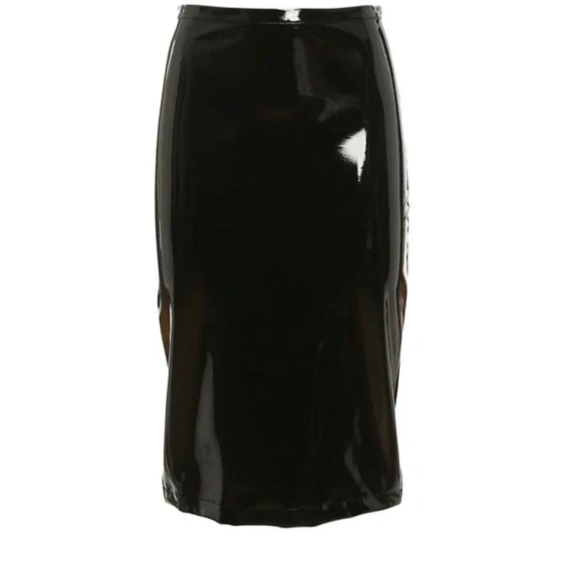 Jupe crayon en Faux Latex pour femme, taille haute, moulante, ourlet fendu, bureau, brillant, en cui