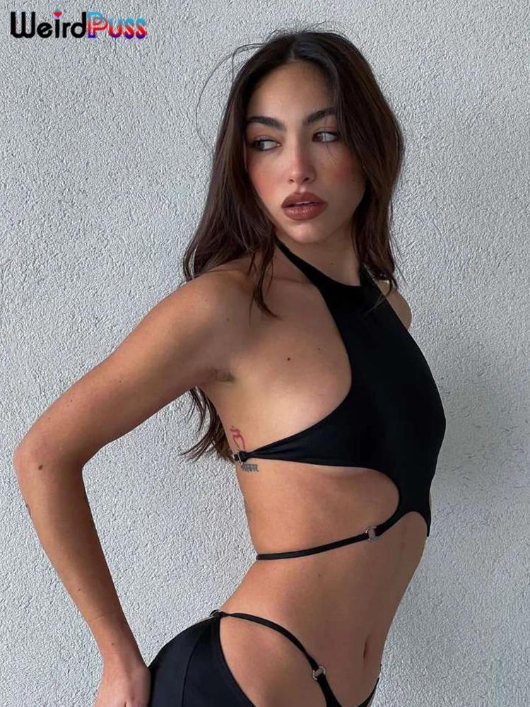 Ensemble 2 pièces pour femme, bretelles creuses, chat bizarre, Sexy, couleur unie, col licou, dos nu