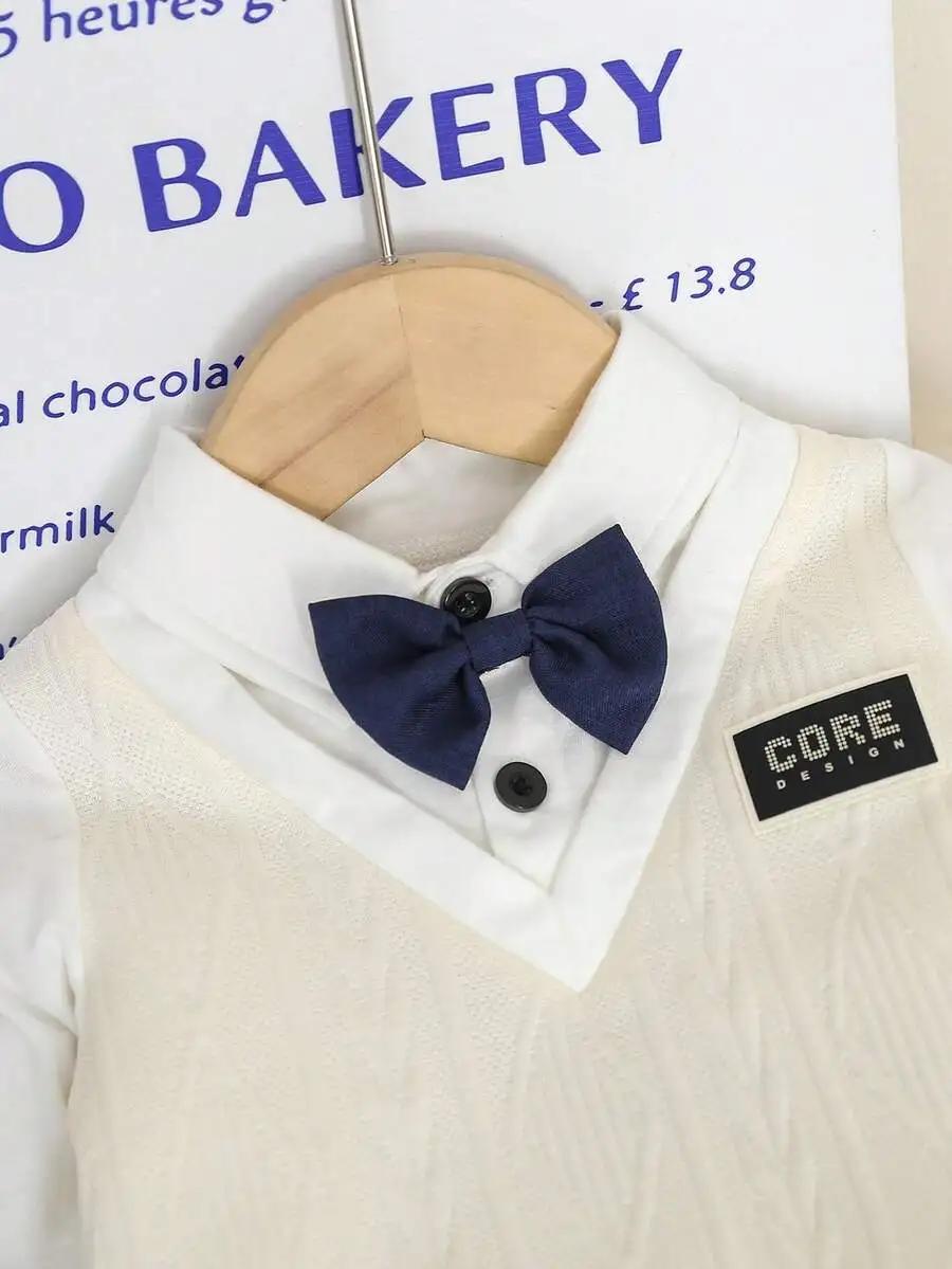 Tenue formelle 2 pièces pour bébé garçon : pull en tricot à col en V avec nœud papillon + pantalon à