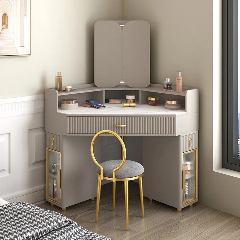 Tables de maquillage de luxe en bois massif, coin de table en élasthanne, rangement triangulaire mod