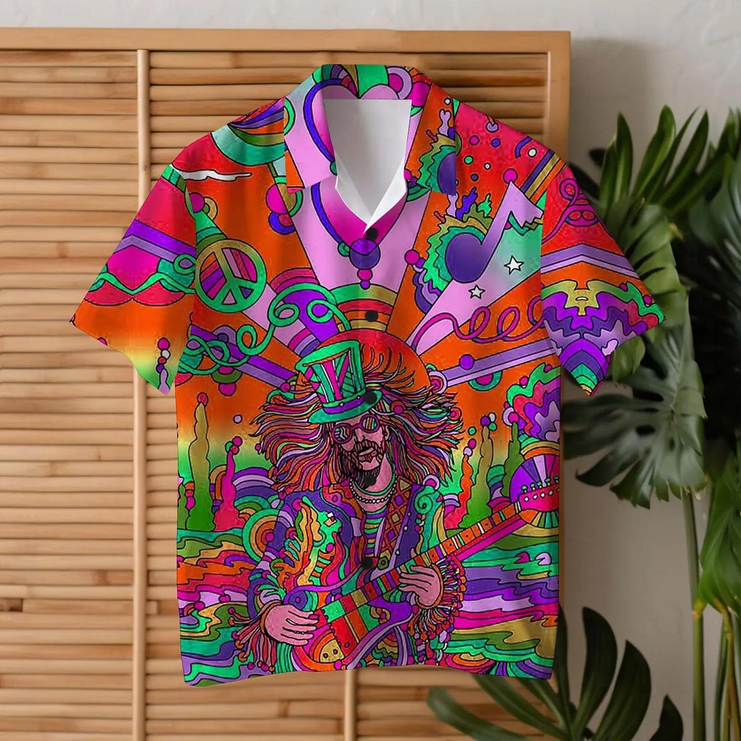 Chemise Hippie pour hommes, guitare colorée, usage quotidien, pour sortir du week-end, col cubain, m