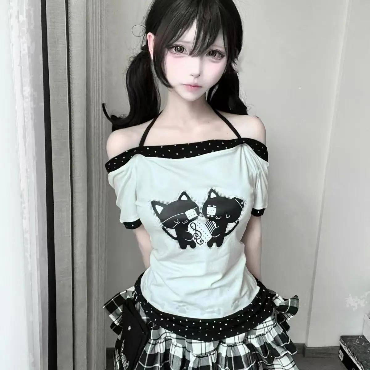 T-shirt pour femme, imprimé à pois, style japonais, kawaii, dessin animé, ample, décontracté, contra