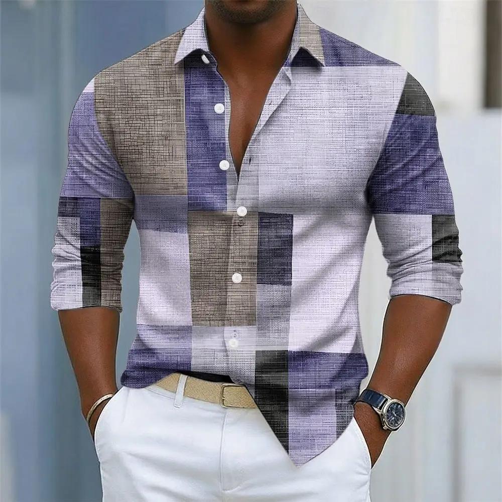 Chemise à manches longues à imprimé rétro à carreaux pour hommes, devant boutonné pour un usage quot