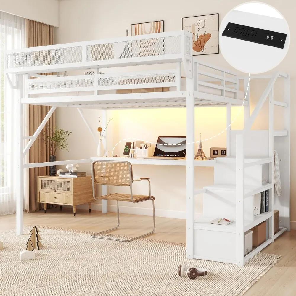 Lit mezzanine en métal robuste taille Queen avec 5 rangements, bureau et escalier
