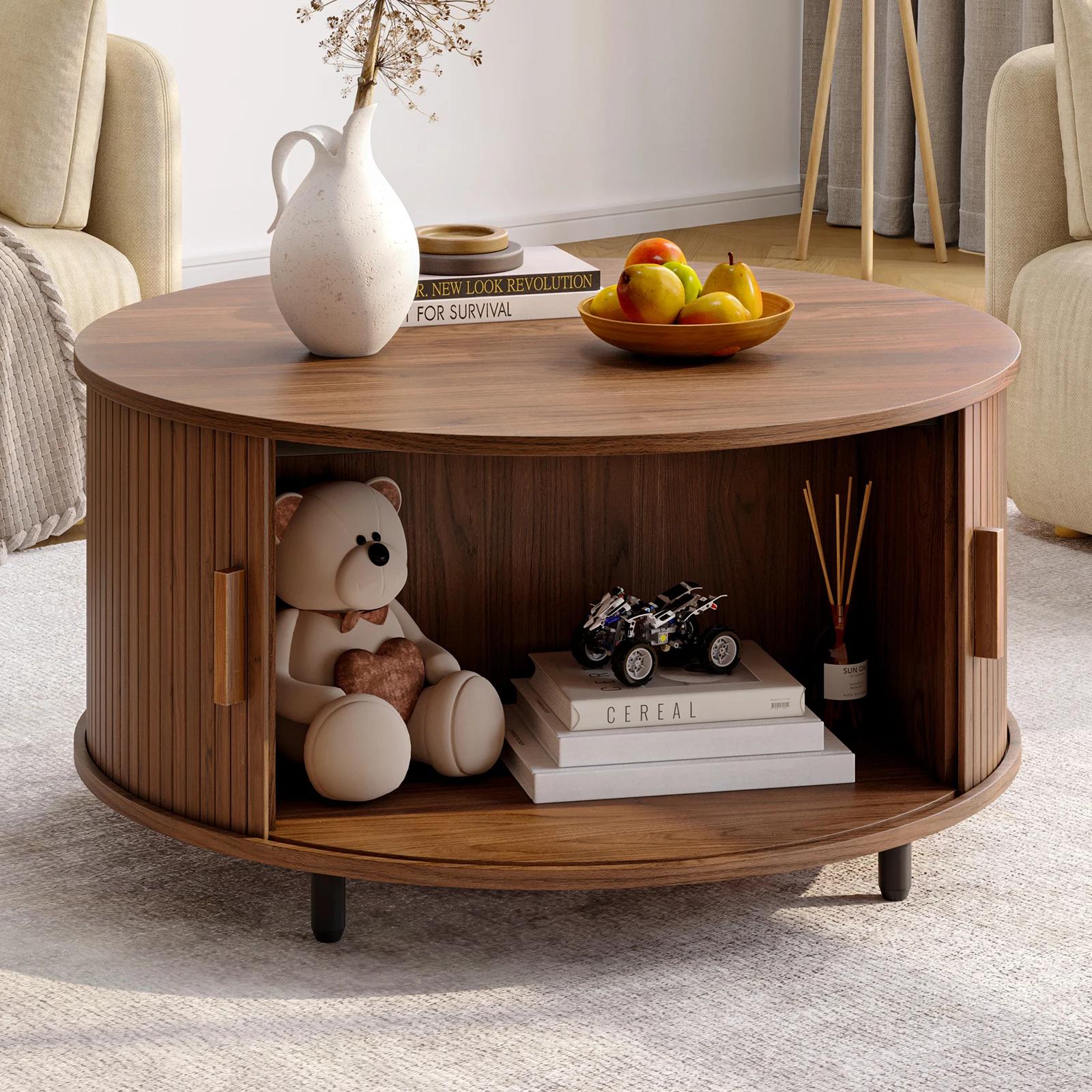 Table basse ronde avec rangement, table basse moderne de 31,5 po avec 360 °   Porte coulissante incu