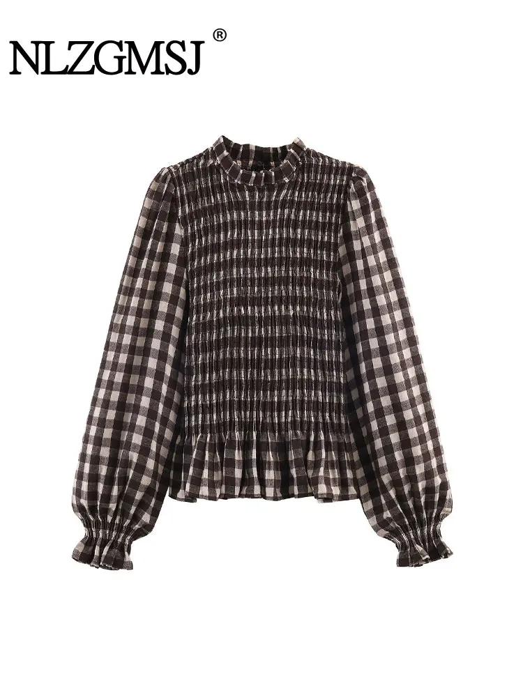 Nlzgmsj 2025 Vintage Chic marron chemises à carreaux femmes à manches longues Blouses pli mode décon