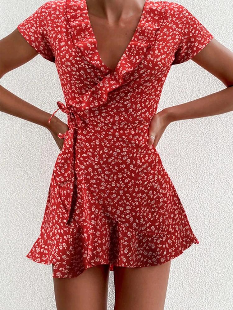 Robe trapèze flottante d'été pour femmes, douce et élégante, à volants floraux, col en v, robe court