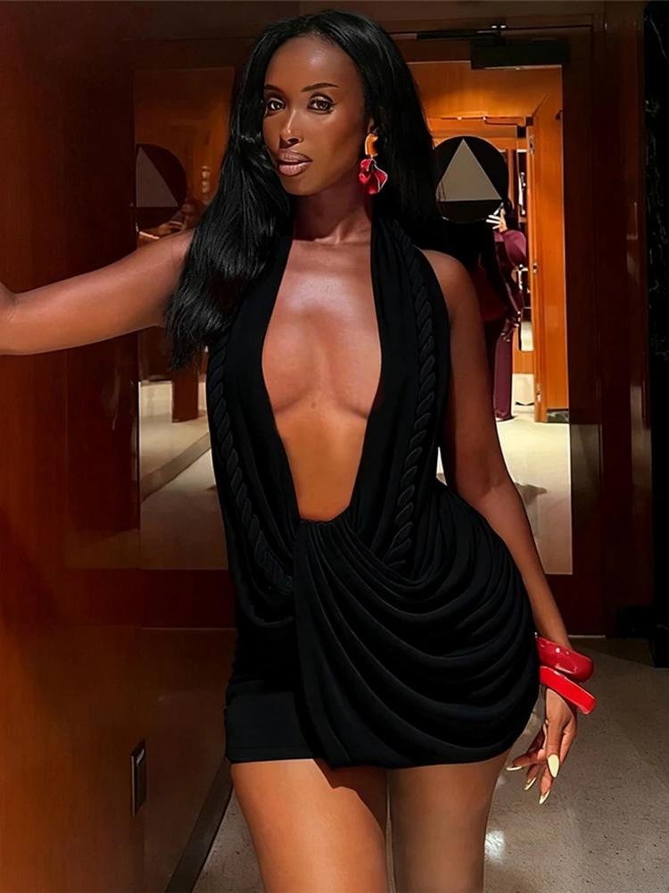 Nibber Dos Nu Robe Femme Twist Bandage Halter Swing Collier Clivage Sans Manches Minuit Club Party S