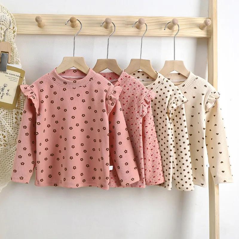 Maillot de corps à manches longues pour enfants, joli t-shirt à pois floraux, chemise en Y douce pou