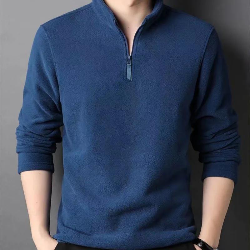 Polos chauds en laine d'agneau pour hommes, sweat-shirt, col montant, demi-fermeture éclair, manches