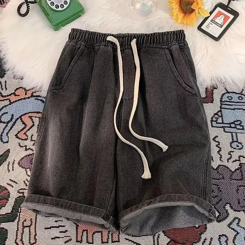 Jean noir Vintage Y2k pour hommes, pantalon large décontracté taille basse, short en jean porté, vêt