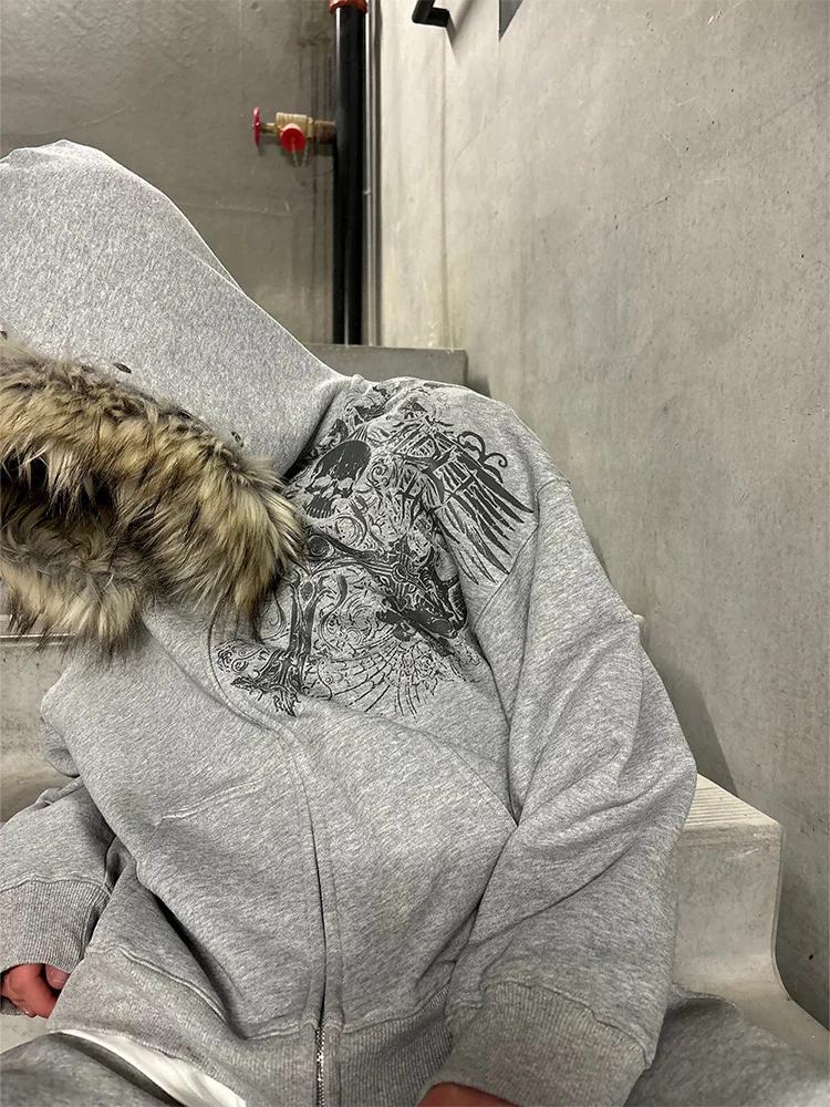 Hoodies zippés pour femmes, style Y2K, esthétique Harajuku, avec col en fausse fourrure, graphiques 